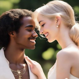 A brown-skinned woman and a white prince with neck-length hair smiling at each other