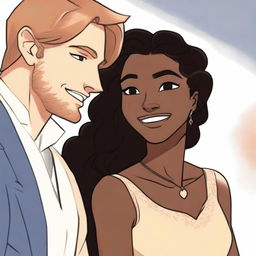 A brown-skinned woman and a white prince with neck-length hair smiling at each other