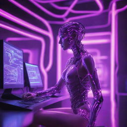 A cybernetic human attached to a colossal computer, bathed in neon pink and purple lighting. The scene should radiate a futuristic ambiance with lush, vibrant hues highlighting the intricate network of technology.