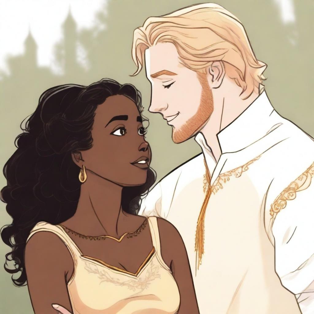 A brown-skinned woman and a white prince with neck-length hair smiling at each other