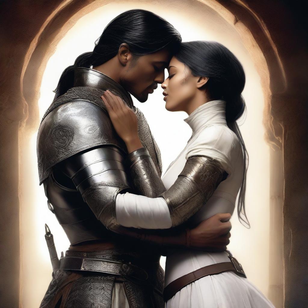 A brown-skinned woman and a white prince with black hair and a scar over his left eye are embracing and ready for war