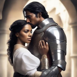 A brown-skinned woman and a white prince with black hair and a scar over his left eye are embracing and ready for war