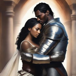 A brown-skinned woman and a white prince with black hair and a scar over his left eye are embracing and ready for war