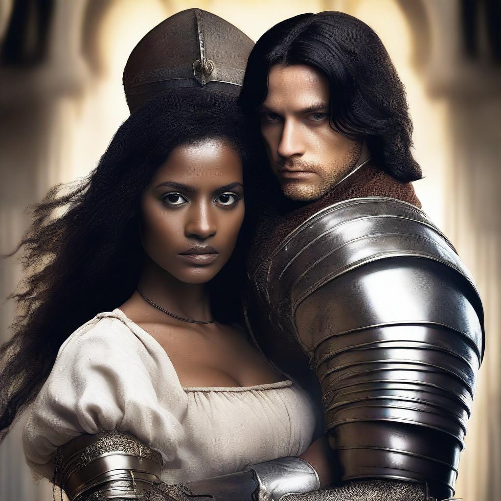 A brown-skinned woman and a white prince with black hair and a scar over his left eye are embracing and ready for war