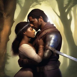 A man with a scar on his left eye hugging a brown-skinned woman who is holding a sword