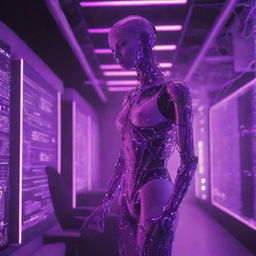 A cybernetic human attached to a colossal computer, bathed in neon pink and purple lighting. The scene should radiate a futuristic ambiance with lush, vibrant hues highlighting the intricate network of technology.