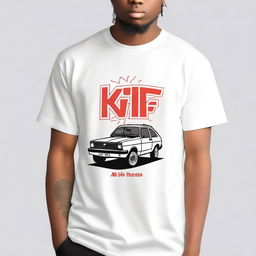 A white t-shirt featuring a logo with the letters 'KFFI' on the front right chest area