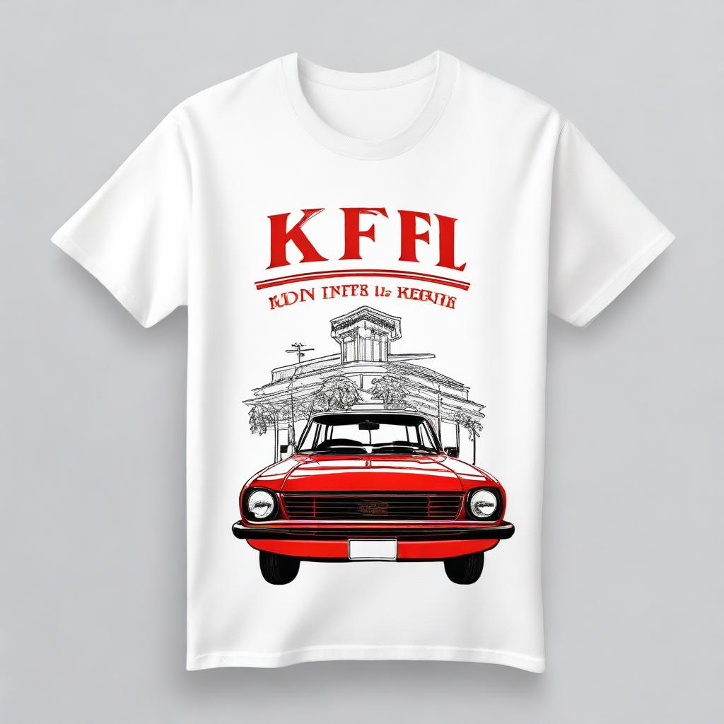 A white t-shirt featuring a logo with the letters 'KFFI' on the front right chest area