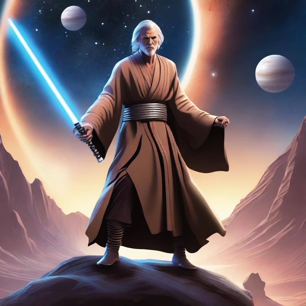 A detailed illustration of a Jedi warrior, wielding a glowing lightsaber, standing in a dramatic pose on a futuristic landscape with distant planets and stars in the background