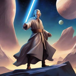 A detailed illustration of a Jedi warrior, wielding a glowing lightsaber, standing in a dramatic pose on a futuristic landscape with distant planets and stars in the background