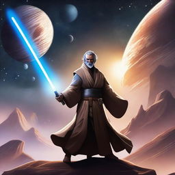 A detailed illustration of a Jedi warrior, wielding a glowing lightsaber, standing in a dramatic pose on a futuristic landscape with distant planets and stars in the background