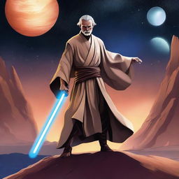 A detailed illustration of a Jedi warrior, wielding a glowing lightsaber, standing in a dramatic pose on a futuristic landscape with distant planets and stars in the background