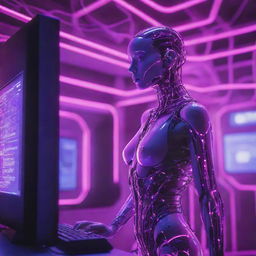 A cybernetic human attached to a colossal computer, bathed in neon pink and purple lighting. The scene should radiate a futuristic ambiance with lush, vibrant hues highlighting the intricate network of technology.