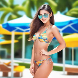 A confident girl in a stylish bikini posing in a vibrant and sunny setting