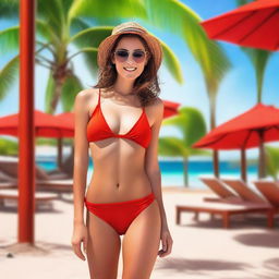 A confident girl in a small, tight red bikini posing in a vibrant and sunny setting