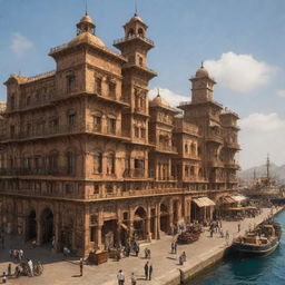 A conceptual fusion of Eritrea and the steampunk aesthetic, showcased by seaside cities with intricate bronze architecture, vibrant seaports bustling with steam-powered ships, and era-appropriate gadgetry.