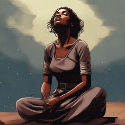 A brown-skinned woman is kneeling with a sword in her hands, looking up at the dark sky