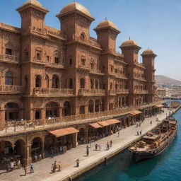 A conceptual fusion of Eritrea and the steampunk aesthetic, showcased by seaside cities with intricate bronze architecture, vibrant seaports bustling with steam-powered ships, and era-appropriate gadgetry.