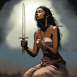 A brown-skinned woman is kneeling with a sword in her hands, looking up at the dark sky