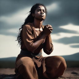 A brown-skinned woman is kneeling with a sword in her hands, looking up at the dark sky