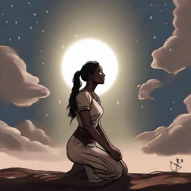 A brown-skinned woman is kneeling with a sword in her hands, looking up at the dark sky