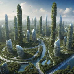 A tantalizing vision of Earth's future, where nature and advanced technology coexist harmoniously. Display futuristic cities with luscious greenery, high-tech transportation, and renewable energy resources.