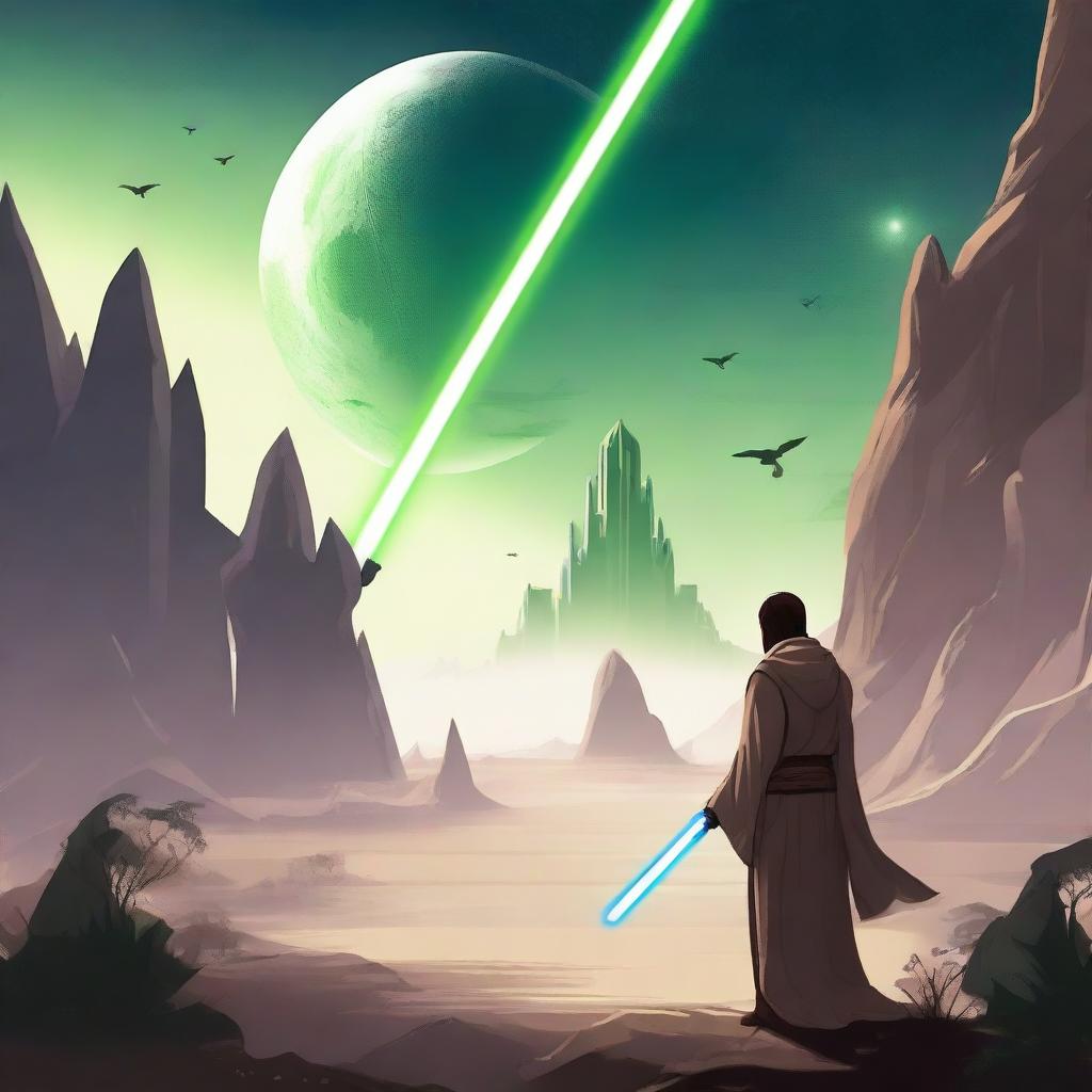 Create an image of a Jedi Knight standing in a serene, otherworldly landscape