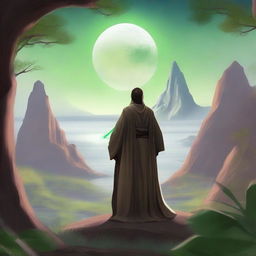 Create an image of a Jedi Knight standing in a serene, otherworldly landscape