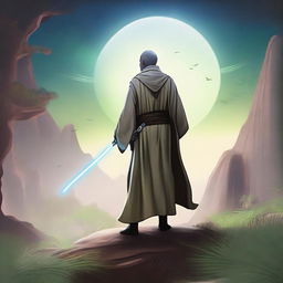 Create an image of a Jedi Knight standing in a serene, otherworldly landscape