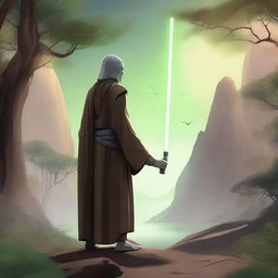 Create an image of a Jedi Knight standing in a serene, otherworldly landscape