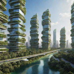 A tantalizing vision of Earth's future, where nature and advanced technology coexist harmoniously. Display futuristic cities with luscious greenery, high-tech transportation, and renewable energy resources.