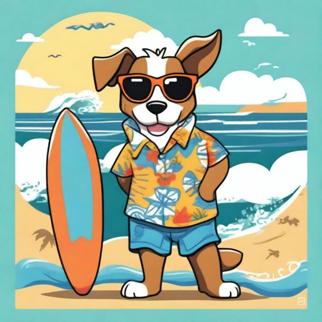 Create a T-shirt design featuring a cartoon dog wearing sunglasses and a Hawaiian shirt, holding a surfboard under one paw