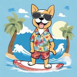 Create a T-shirt design featuring a cartoon dog wearing sunglasses and a Hawaiian shirt, holding a surfboard under one paw