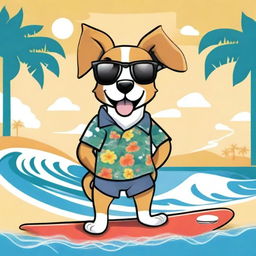 Create a T-shirt design featuring a cartoon dog wearing sunglasses and a Hawaiian shirt, holding a surfboard under one paw