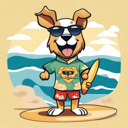 Create a T-shirt design featuring a cartoon dog wearing sunglasses and a Hawaiian shirt, holding a surfboard under one paw