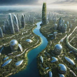 A tantalizing vision of Earth's future, where nature and advanced technology coexist harmoniously. Display futuristic cities with luscious greenery, high-tech transportation, and renewable energy resources.