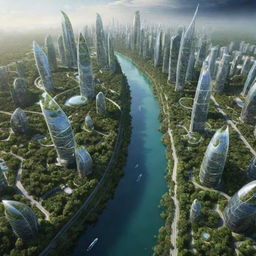 A tantalizing vision of Earth's future, where nature and advanced technology coexist harmoniously. Display futuristic cities with luscious greenery, high-tech transportation, and renewable energy resources.