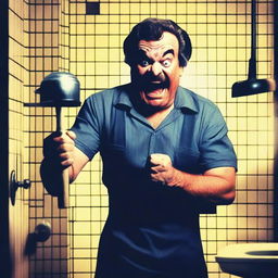 A horror movie poster featuring an angry plumber holding a plunger