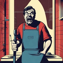 A horror movie poster featuring an angry plumber holding a plunger