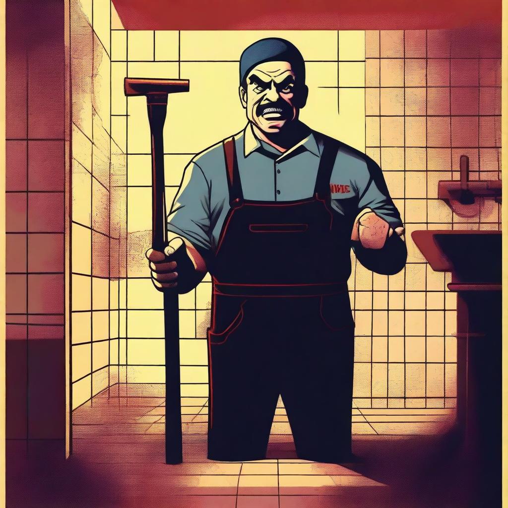 A horror movie poster featuring an angry plumber holding a plunger