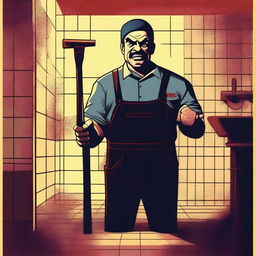 A horror movie poster featuring an angry plumber holding a plunger