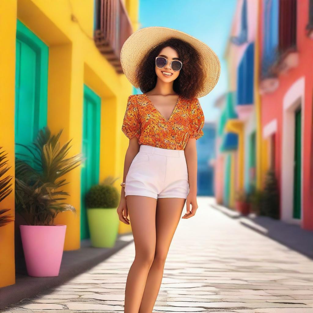 A confident girl in a stylish, fashionable outfit posing in a vibrant and sunny setting