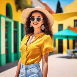 A confident girl in a stylish, fashionable outfit posing in a vibrant and sunny setting