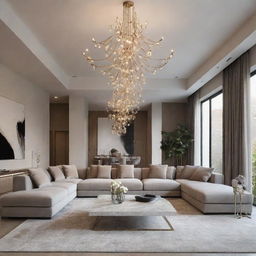 A modern and luxurious living room interior design, complete with suspended, fashionable lighting fixtures, and upscale furniture.