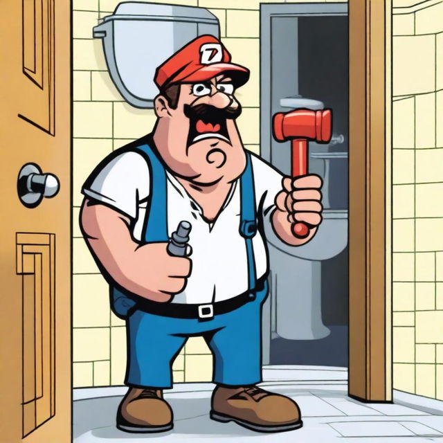 A cartoonish depiction of an angry plumber holding a rubber plunger in his hand