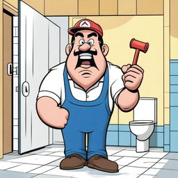 A cartoonish depiction of an angry plumber holding a rubber plunger in his hand