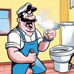 A cartoonish depiction of an angry plumber holding a rubber plunger in his hand