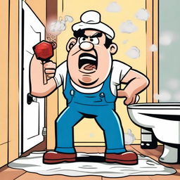 A cartoonish depiction of an angry plumber holding a rubber plunger in his hand