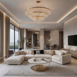 A modern and luxurious living room interior design, complete with suspended, fashionable lighting fixtures, and upscale furniture.