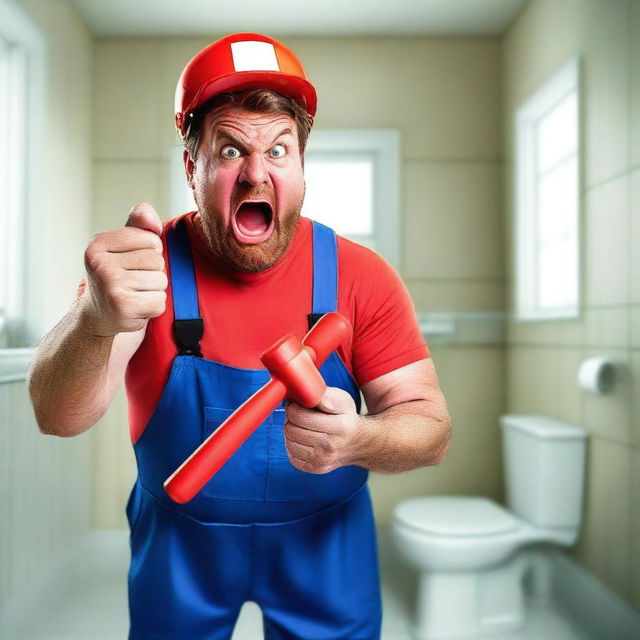 A realistic photograph of an angry plumber holding a rubber plunger in his hand